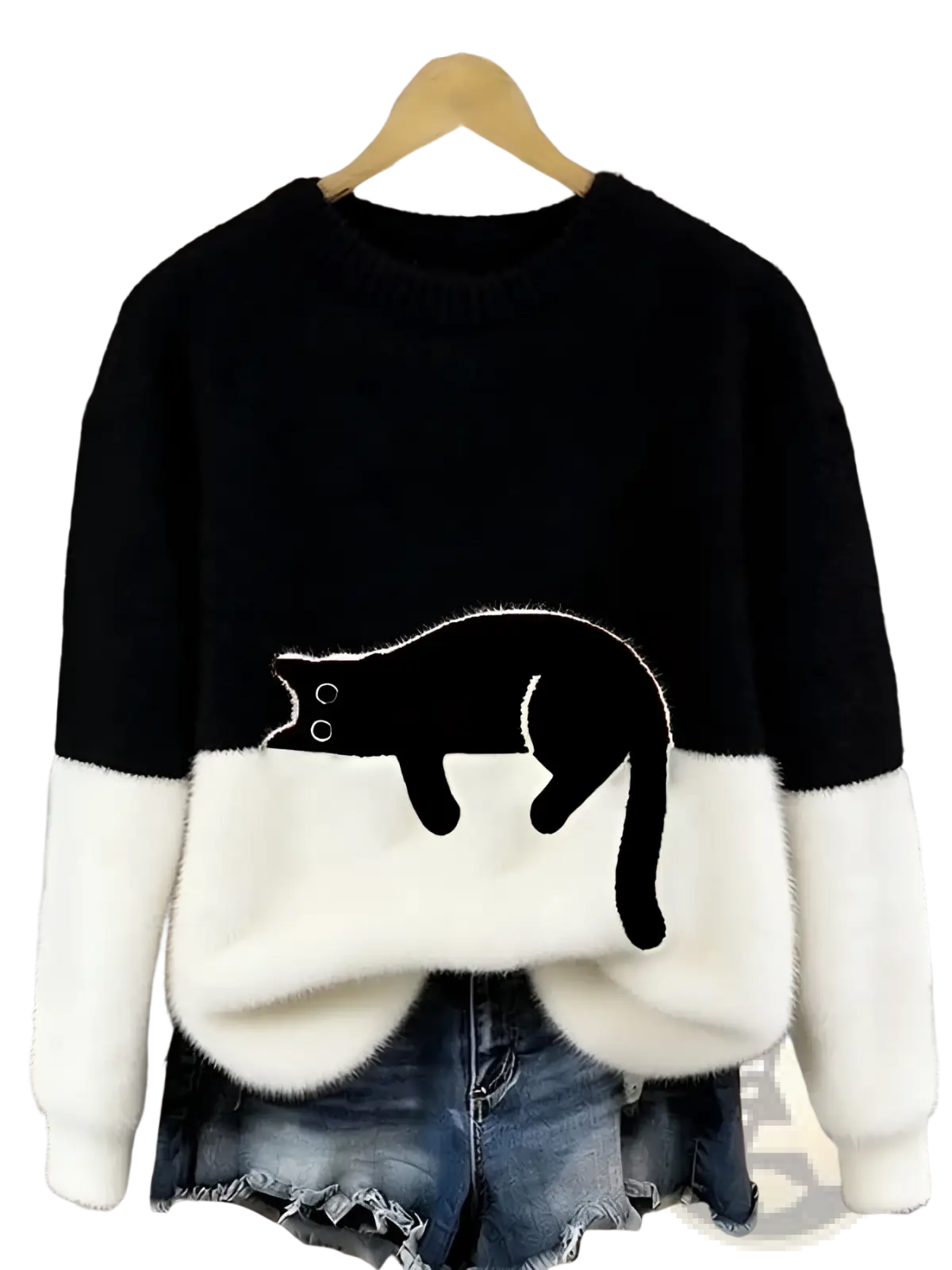 Black and white fleece pullover sweater featuring a black cat appliqué perfect for Christmas wear