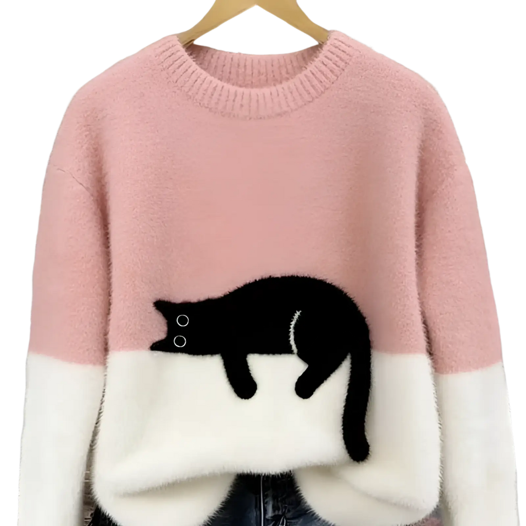 A soft pink and white fleece pullover sweater with a black embroidered cat design on the chest for Christmas