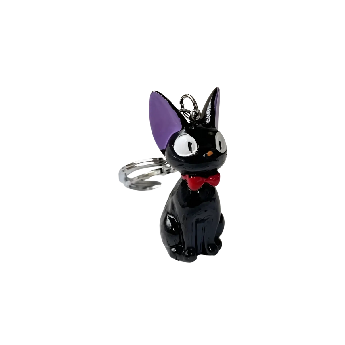 Black cat keychain cute pvc bag charm with purple ears white eyes and red bow tie for bag accessory