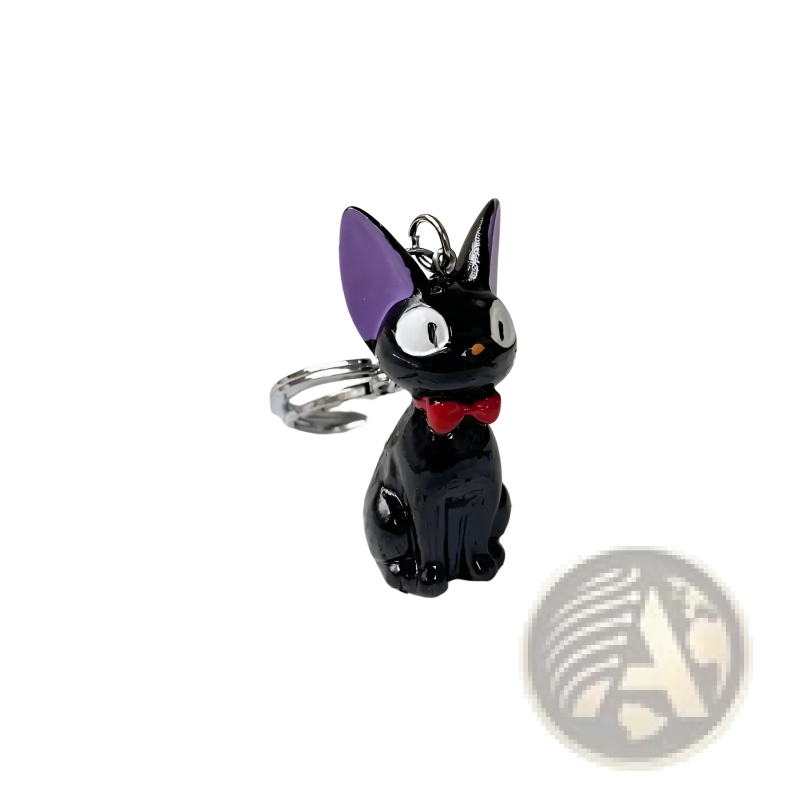 Black cat keychain cute pvc bag charm with purple ears white eyes and red bow tie for bag accessory