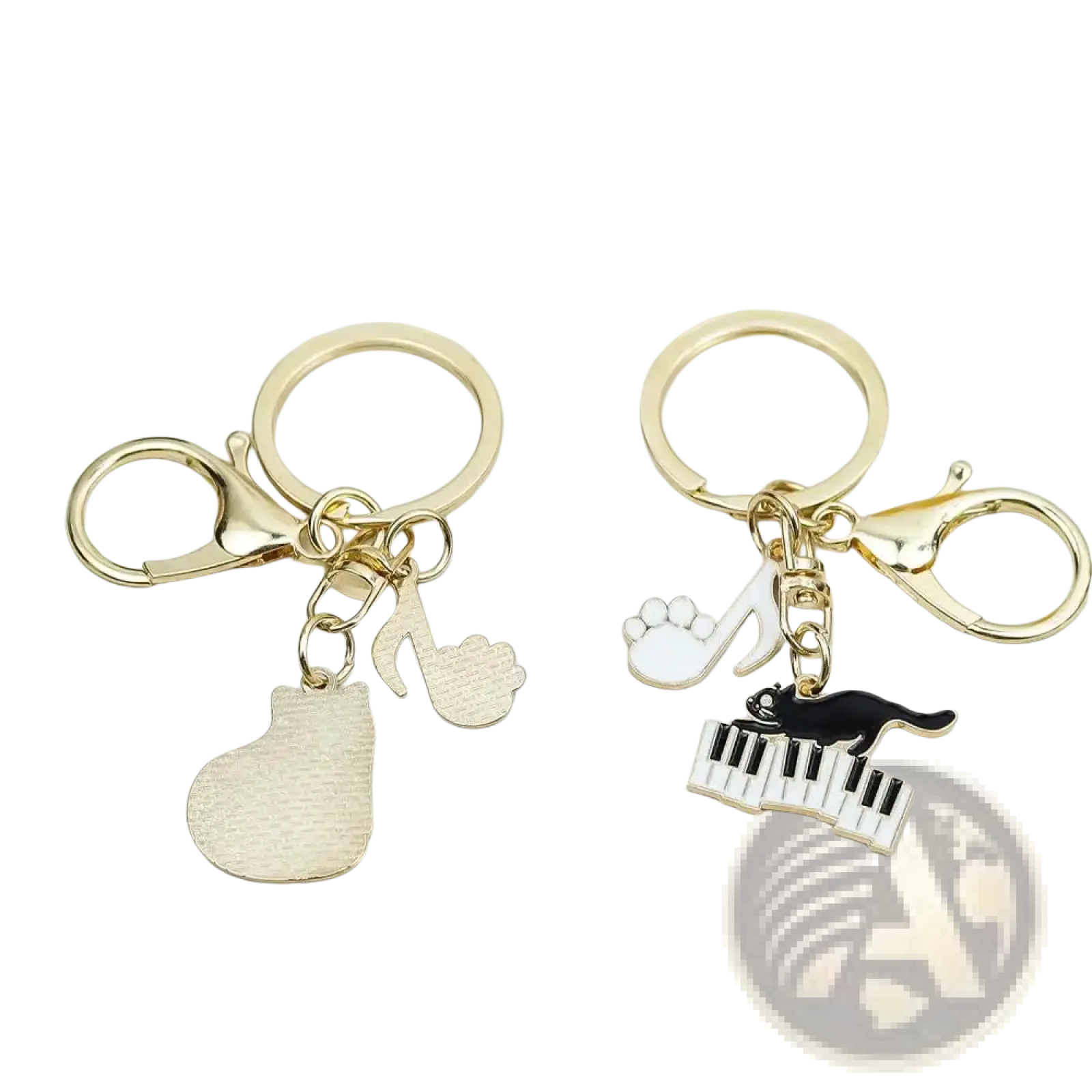 Gold-toned black cat piano keychain featuring musical charms including a piano pendant and enamel cat on keys
