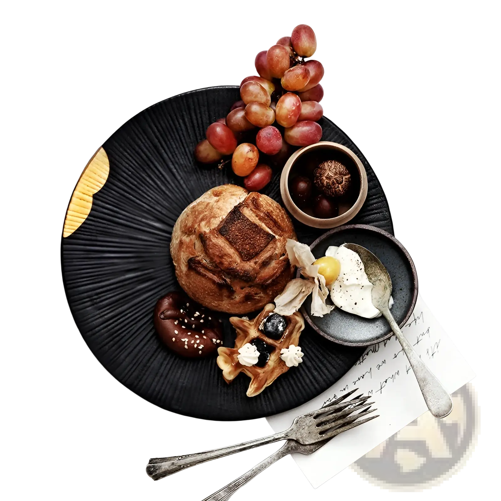 Black ceramic plate with radial ridges featuring gold and wood rim accents for elegant dining use