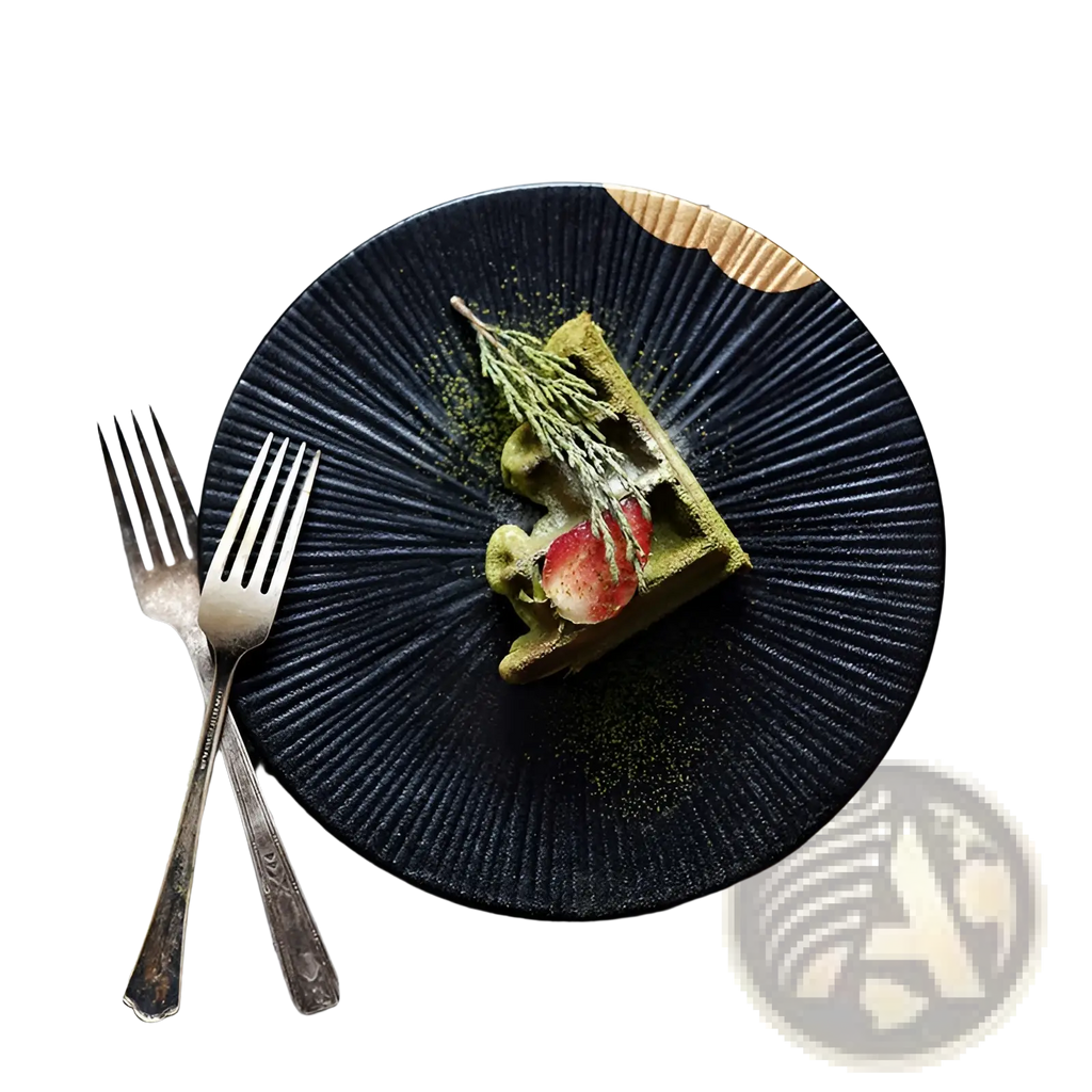 Black ceramic plate with radial ridges and wooden rim accent showcasing elegant gold and wood detailing