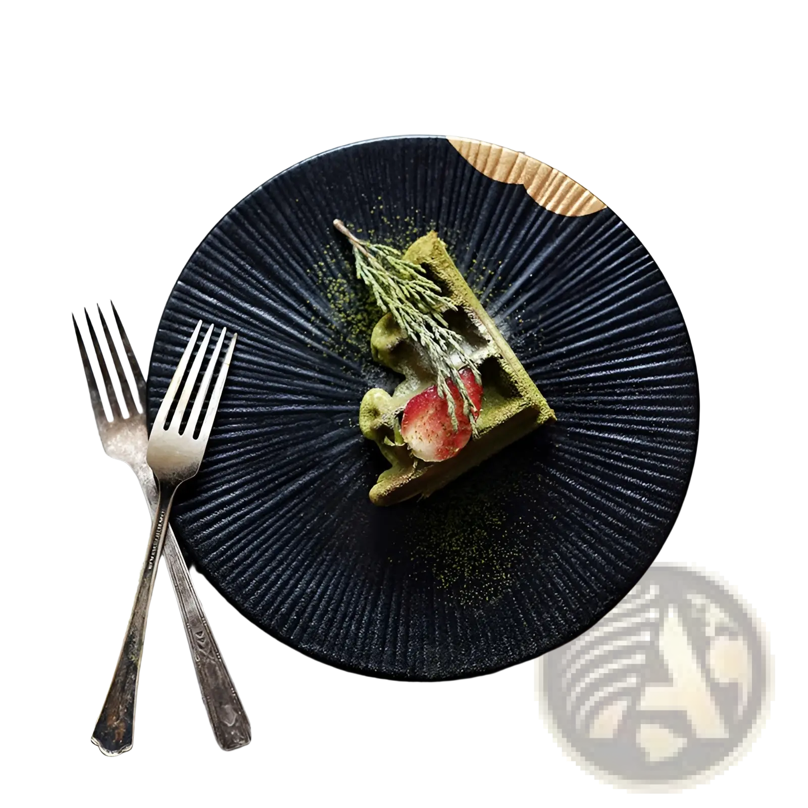 Black ceramic plate with radial ridges and wooden rim accent showcasing elegant gold and wood detailing