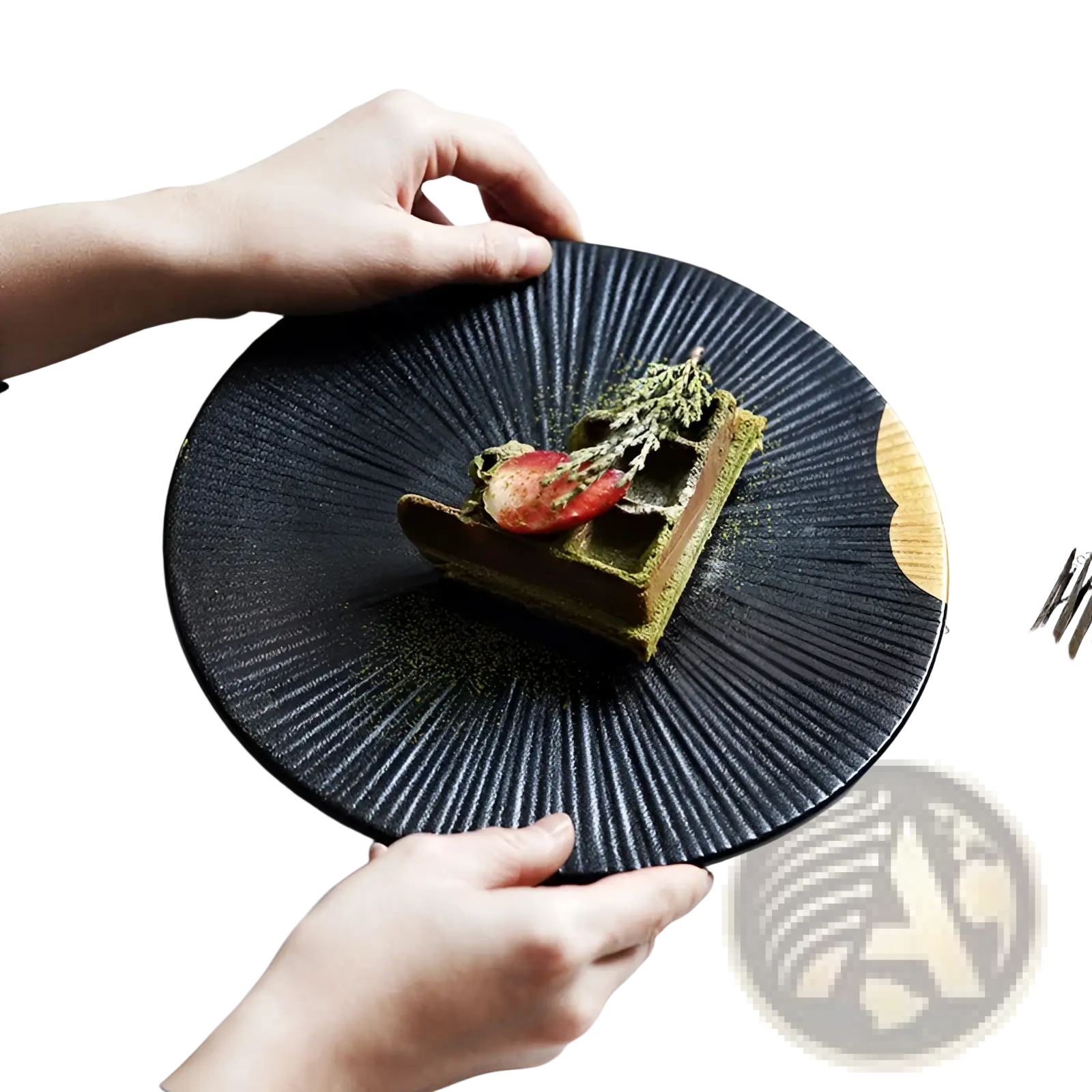 Black ceramic plate with radial ridges featuring gold and wood rim accents for elegant table settings