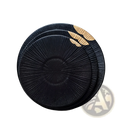 Set of three black ceramic plates with gold leaf and wood rim accents featuring radial texture