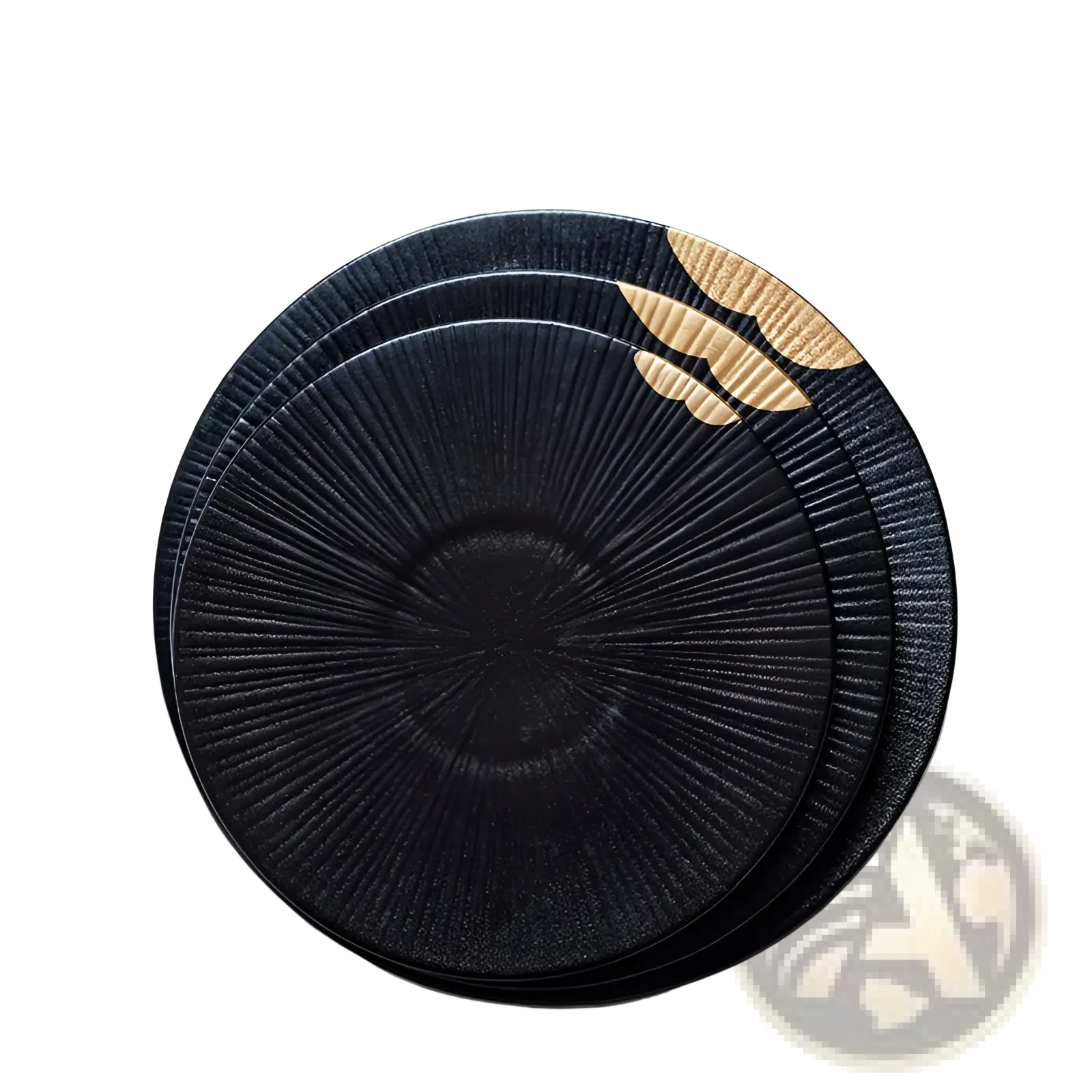 Set of three black ceramic plates with gold leaf and wood rim accents featuring radial texture