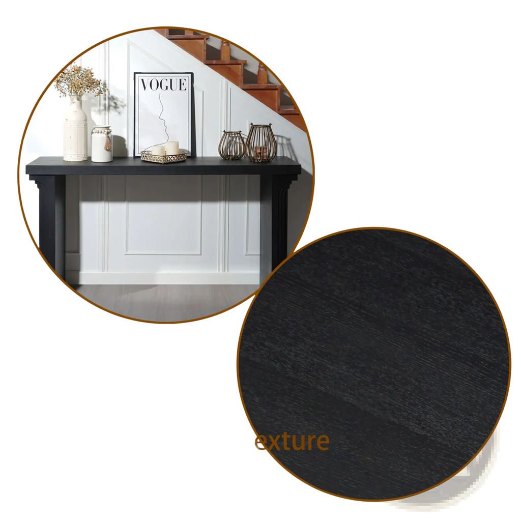Black console table 58 inch modern wood entryway accent with natural wood grain texture and sleek black finish