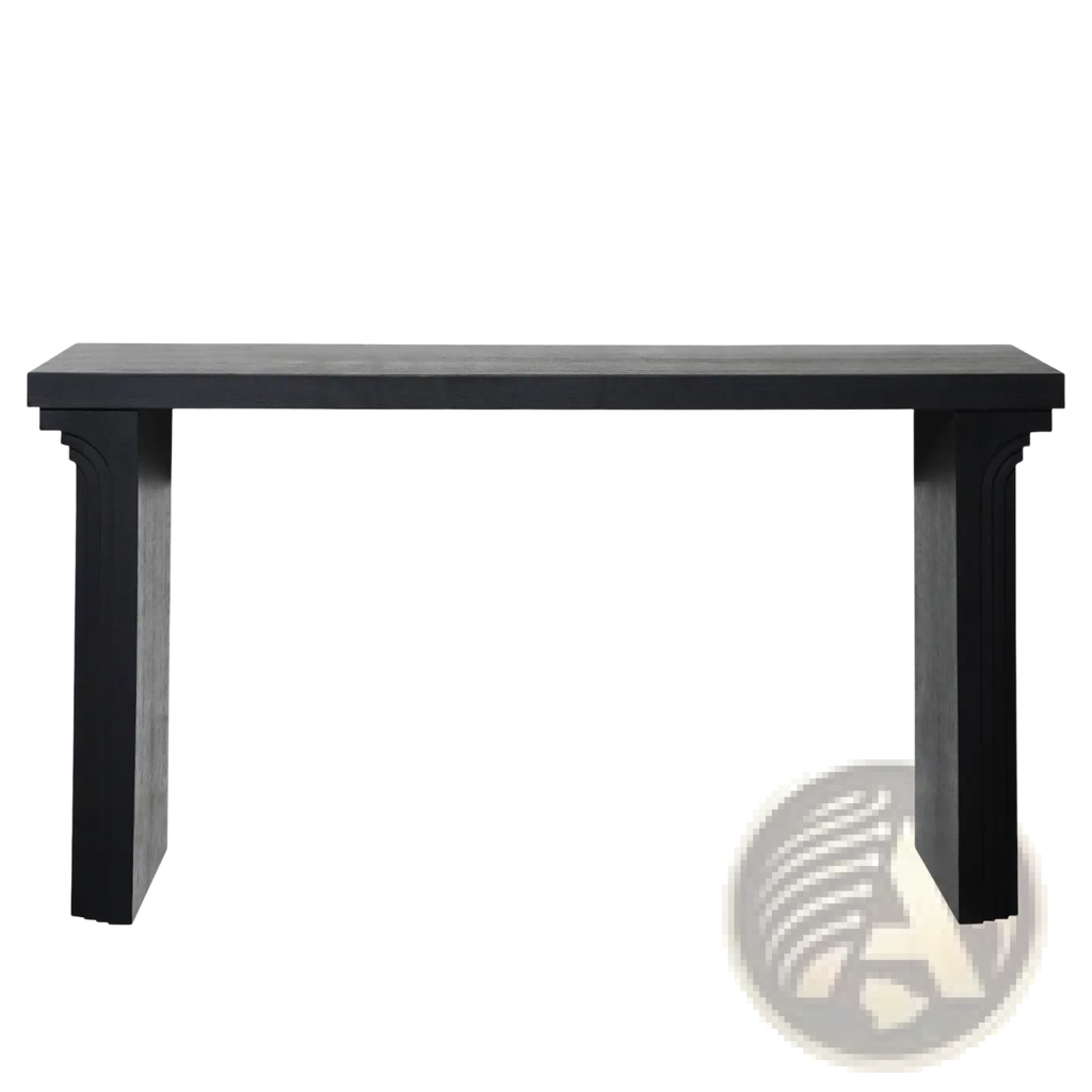 Black wooden console table with rectangular top and sturdy tapered legs for modern entryway accent decor
