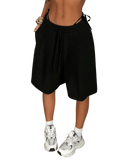 Black corduroy drawstring jogger shorts for women featuring a relaxed fit with side ties and a loose silhouette