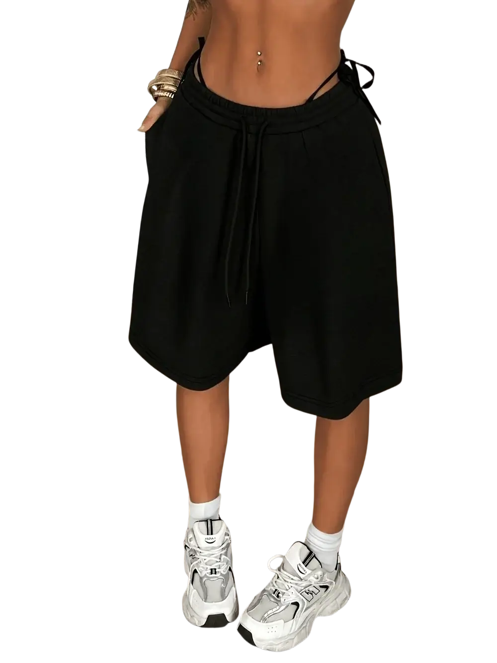 Black corduroy drawstring jogger shorts for women featuring a relaxed fit with side ties and a loose silhouette