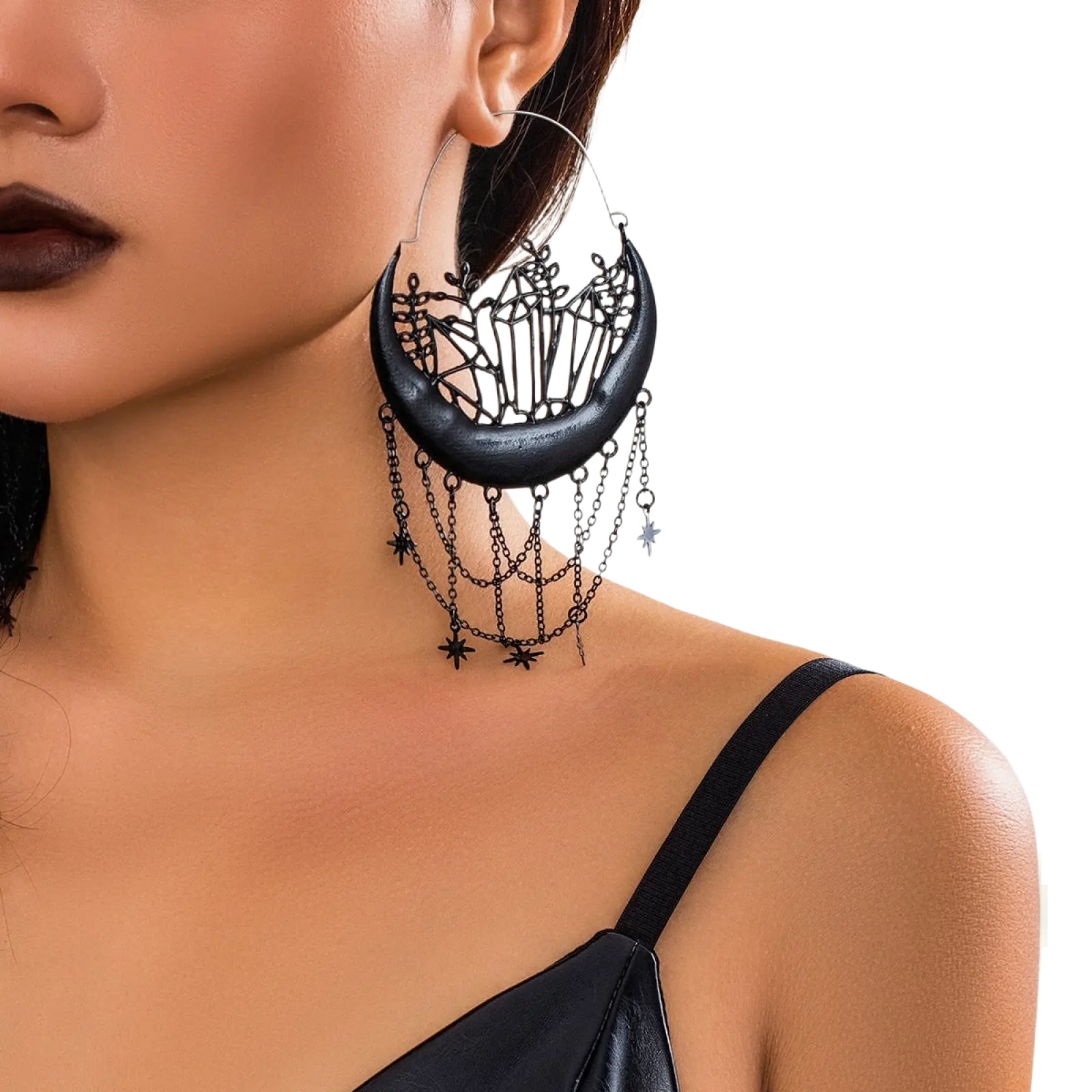 Black crescent moon tassel earrings with intricate crystal cutouts and dangling star chains in black metal