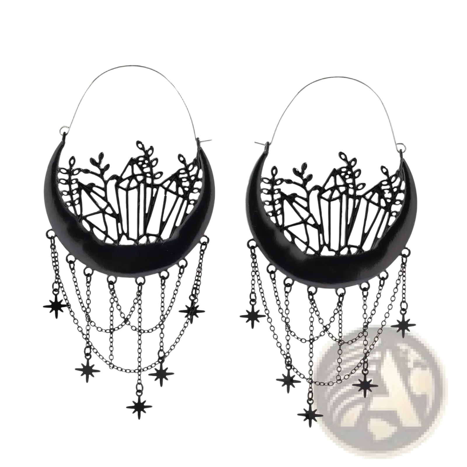Black crescent moon tassel earrings featuring intricate crystal and leaf cutouts with layered star chain tassels