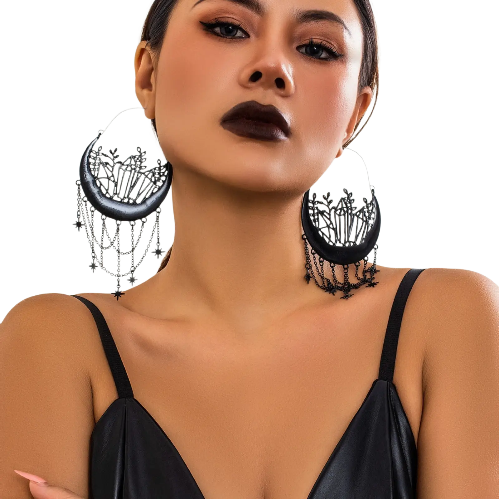 Black crescent moon tassel earrings with intricate crystal and star designs and dangling star chains