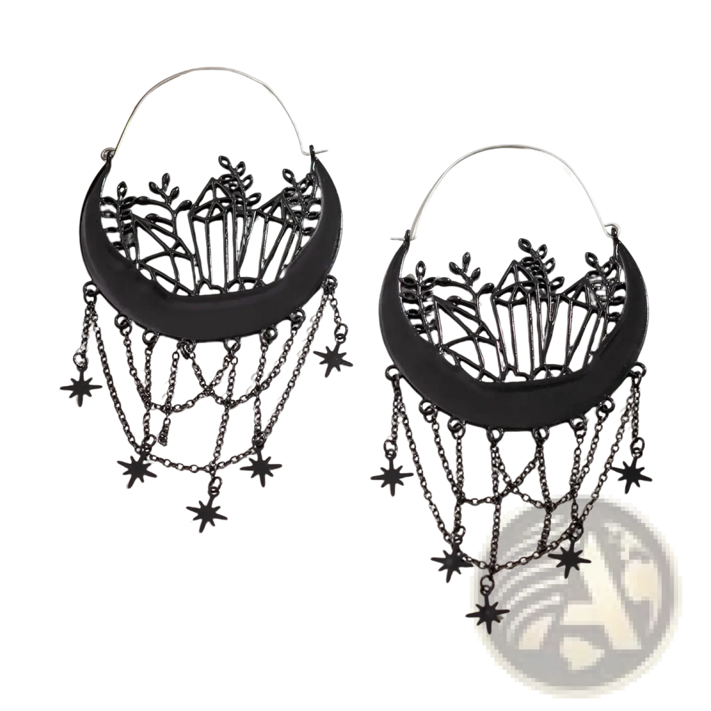 Black crescent moon tassel earrings with intricate crystal and leaf cutouts and dangling star-shaped chains