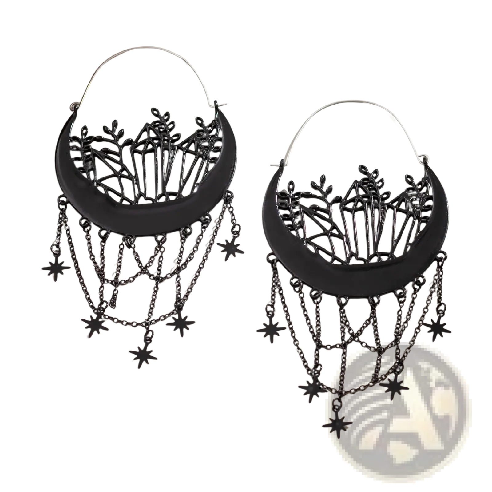Black crescent moon tassel earrings with intricate crystal and leaf cutouts and dangling star-shaped chains