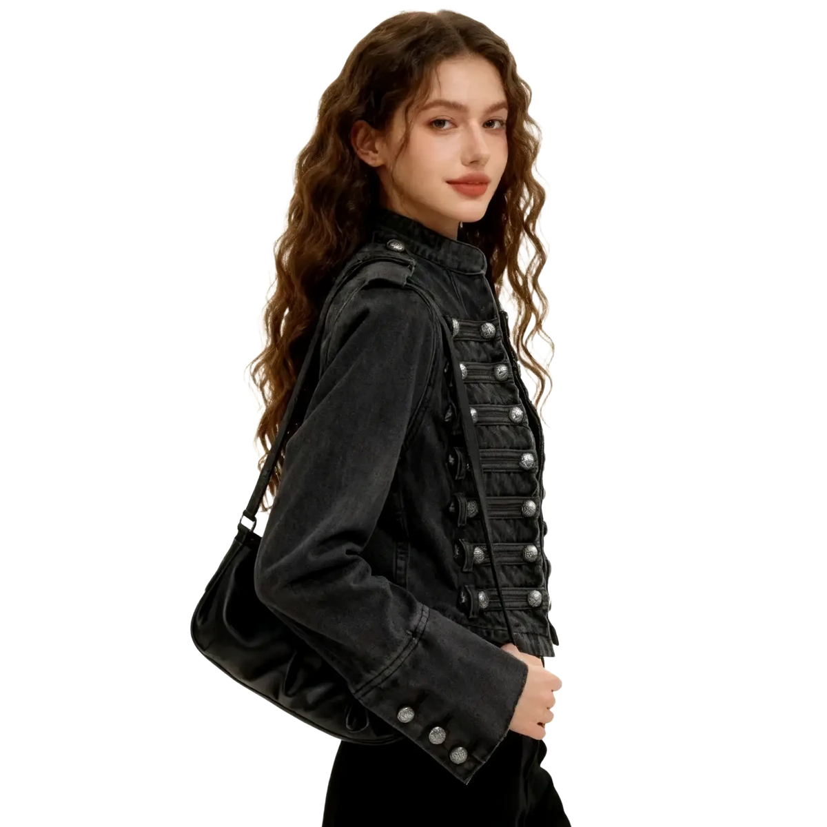Black cropped denim military jacket featuring silver-toned buttons and a high collar in black denim material