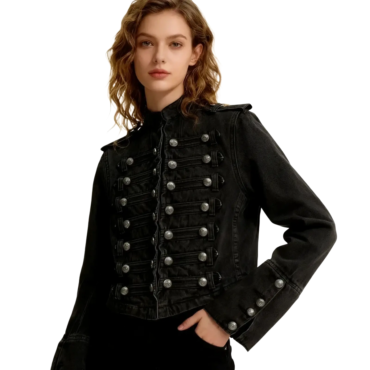 Black cropped denim military jacket featuring silver-toned buttons and epaulets on black denim material