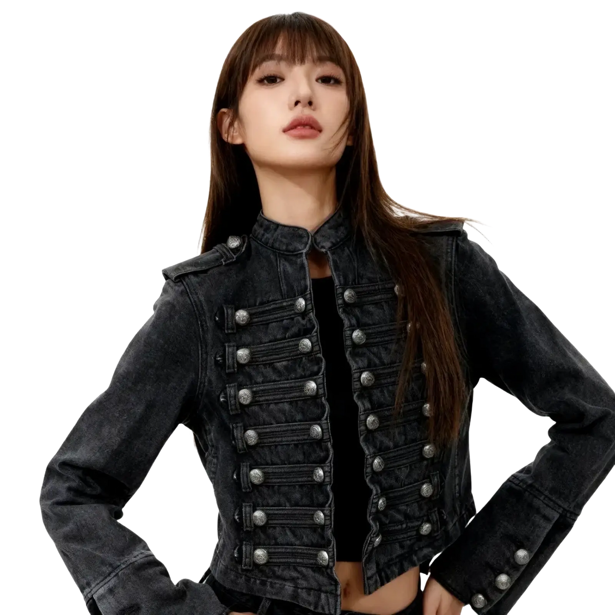 Black cropped denim military jacket featuring silver toned buttons and epaulets on black denim fabric