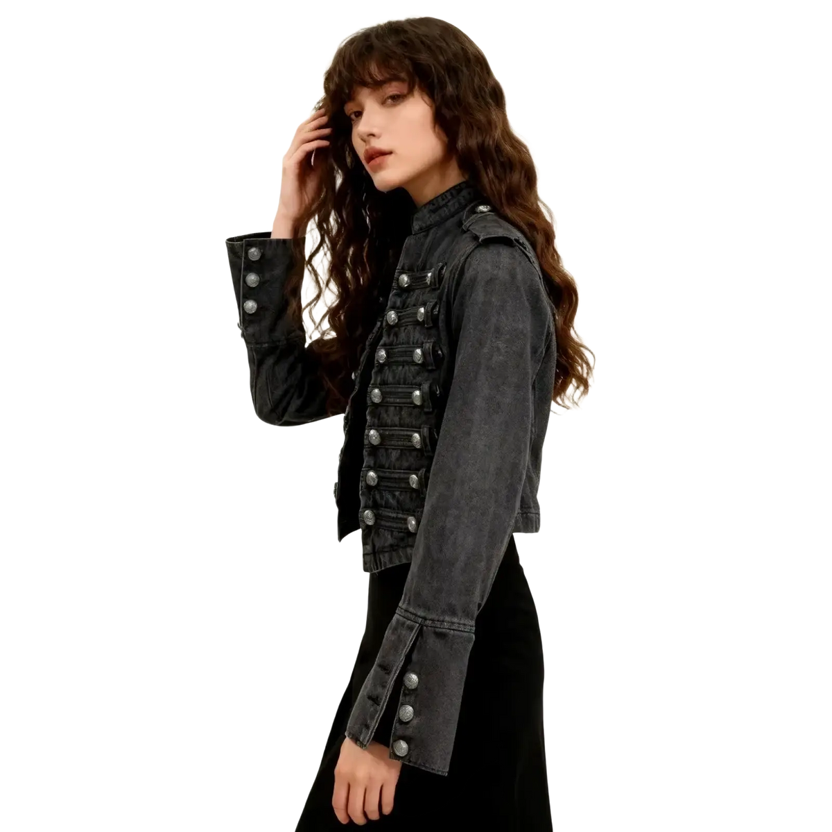 Black cropped denim military jacket featuring dark gray fabric and silver-toned buttons with a structured design