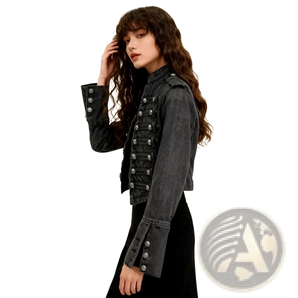 Black cropped denim military jacket featuring dark gray fabric and silver-toned buttons with a structured design