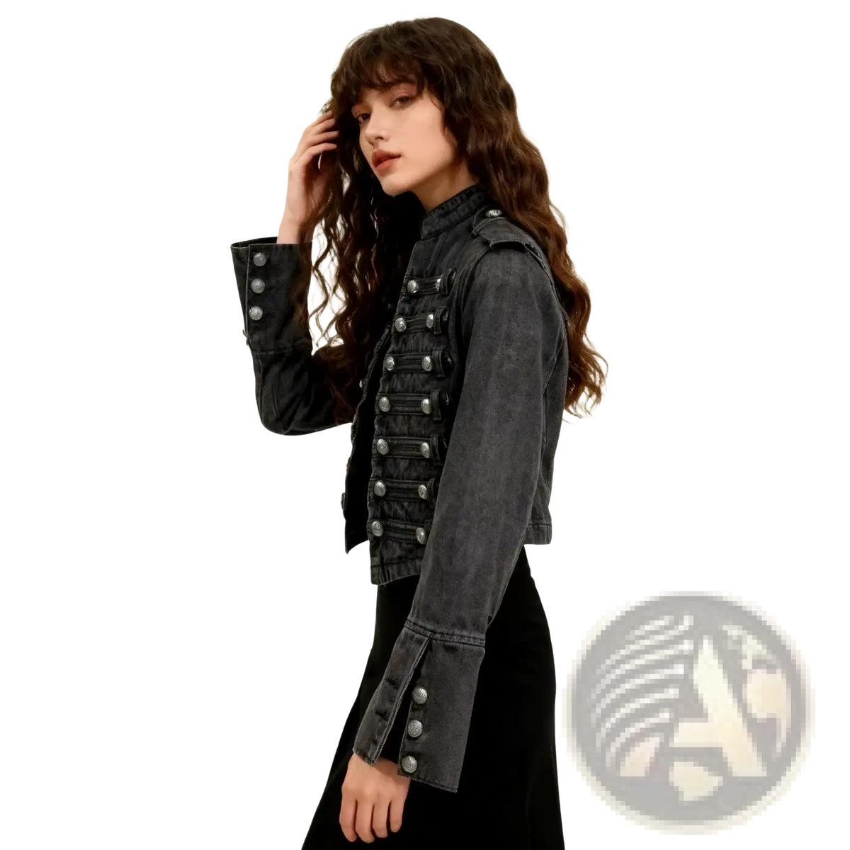 Black cropped denim military jacket featuring dark gray fabric and silver-toned buttons with a structured design