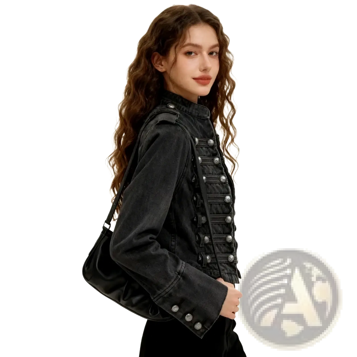 Black cropped denim military jacket featuring silver-toned buttons and a high collar in black denim material