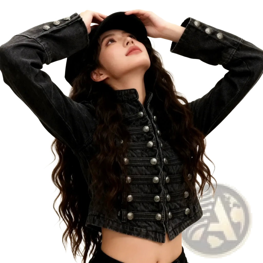 Black cropped denim military jacket featuring silver-toned buttons and a quilted front design