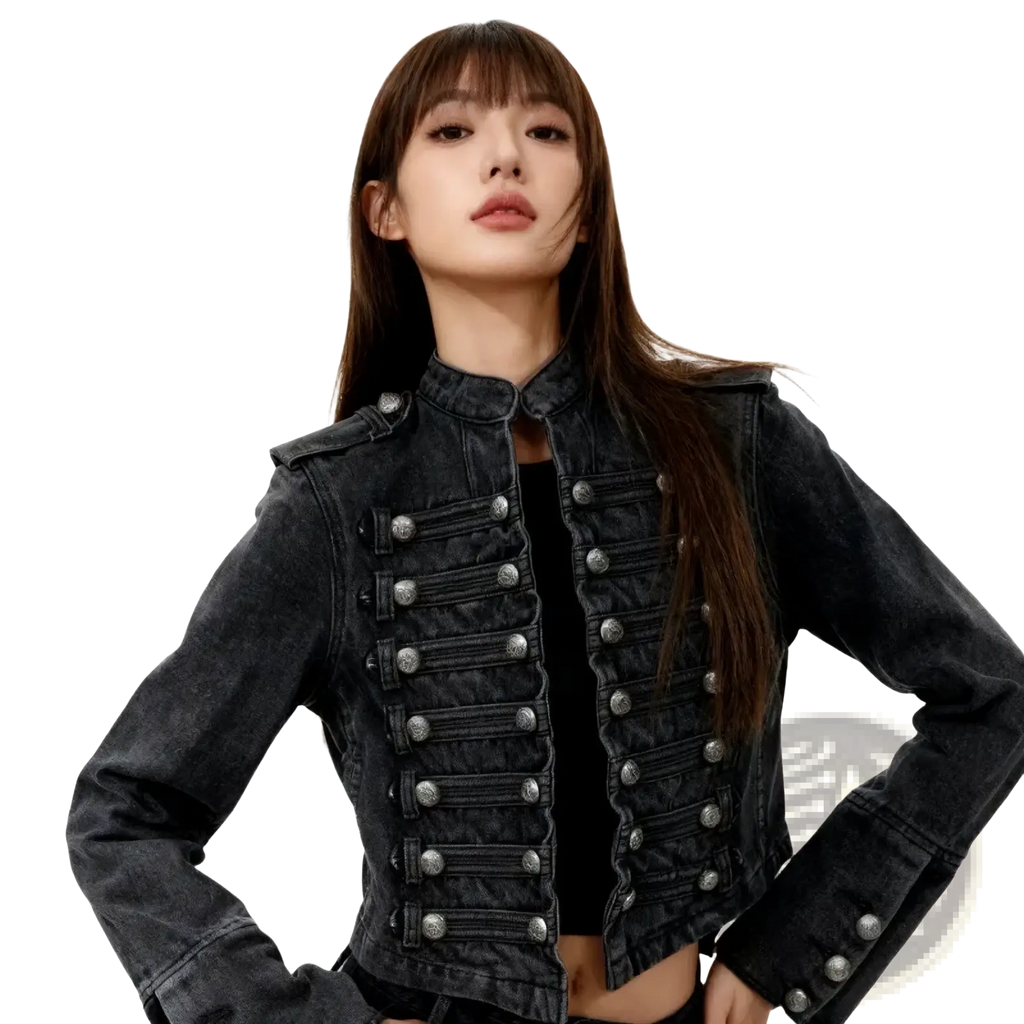 Black cropped denim military jacket featuring silver toned buttons and epaulets on black denim fabric