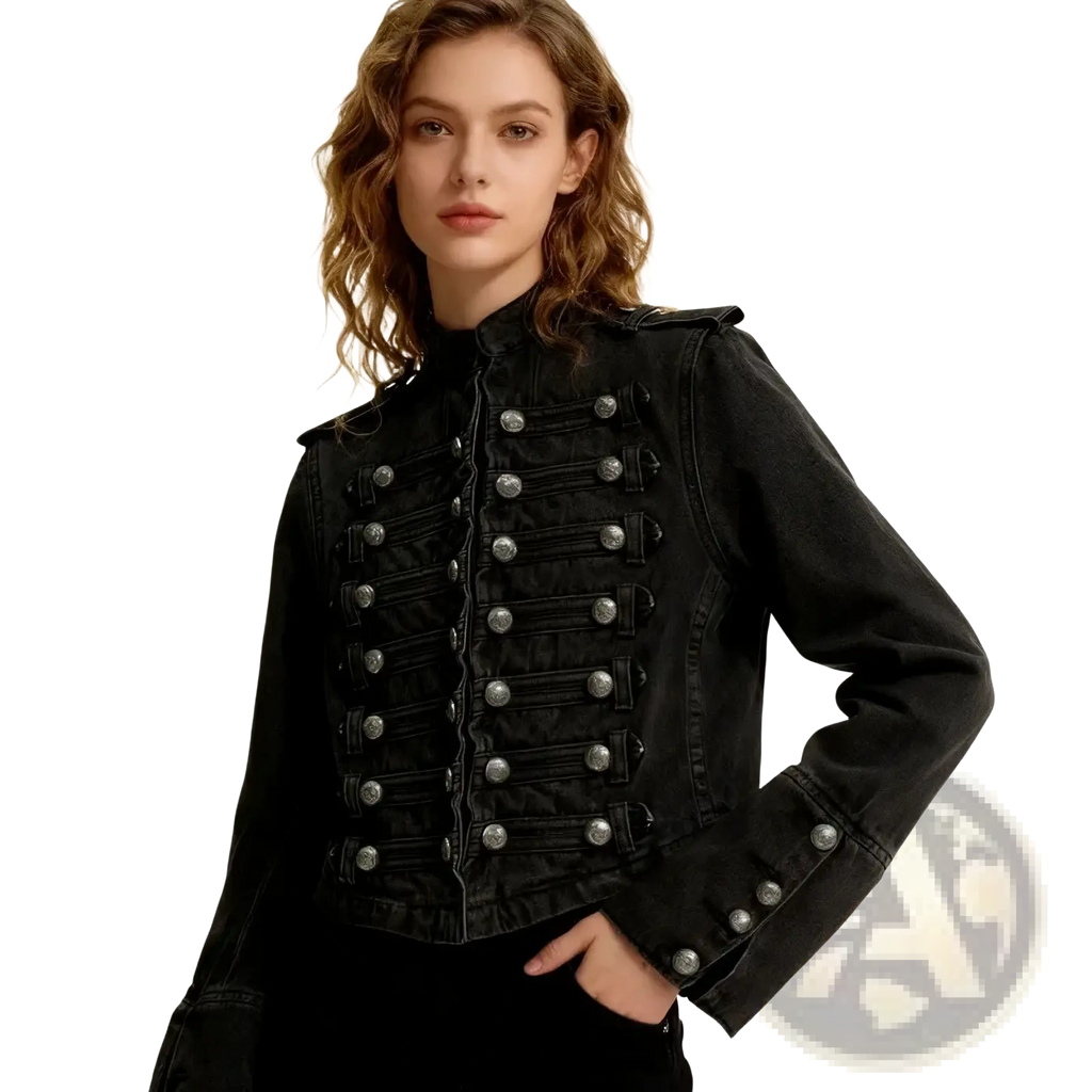 Black cropped denim military jacket featuring silver-toned buttons and epaulets on black denim material