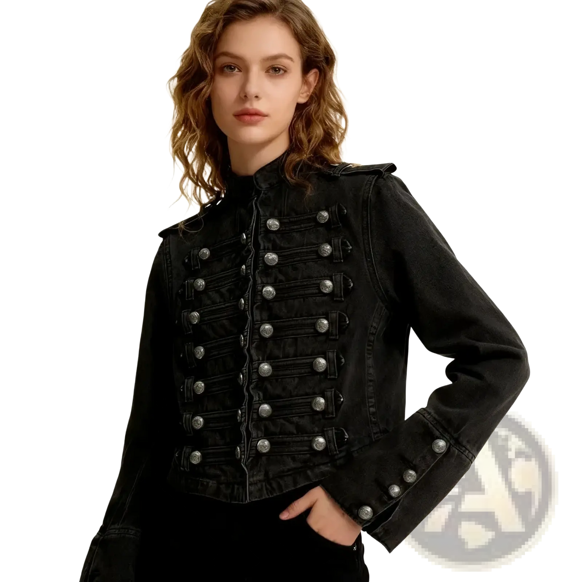 Black cropped denim military jacket featuring silver-toned buttons and epaulets on black denim material