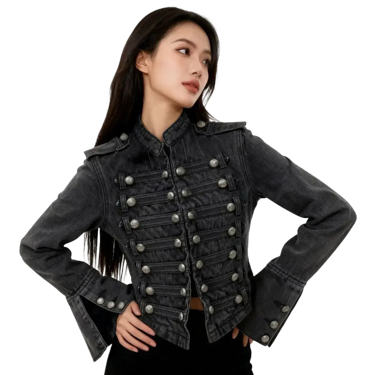 Black cropped denim military jacket featuring silver-toned buttons and epaulets in classic black color