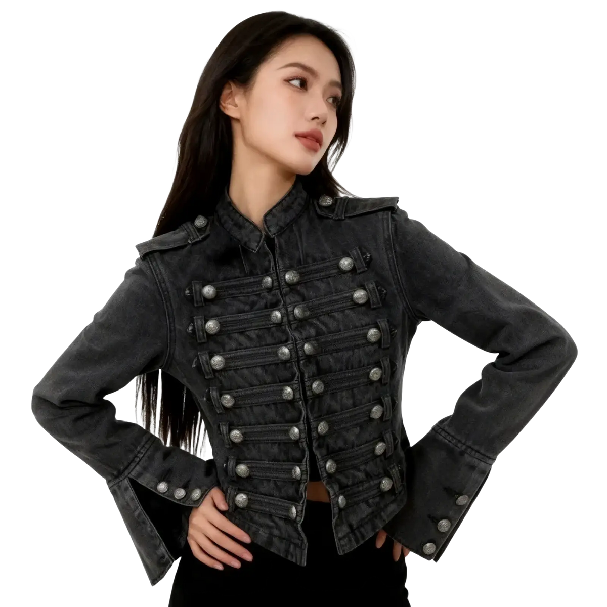 Black cropped denim military jacket featuring silver-toned buttons and epaulets on a black fabric