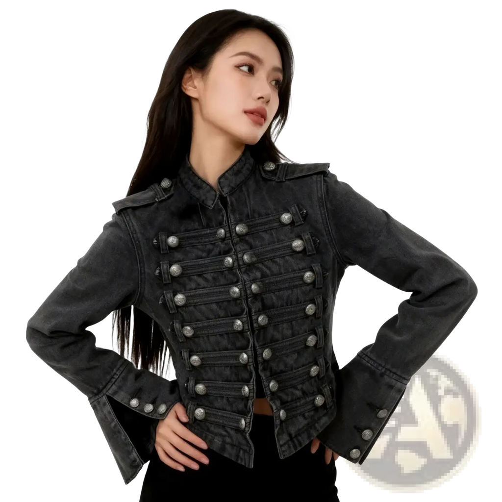 Black cropped denim military jacket featuring silver-toned buttons and epaulets on a black fabric