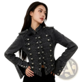Black cropped denim military jacket featuring silver-toned buttons and epaulets in classic black color