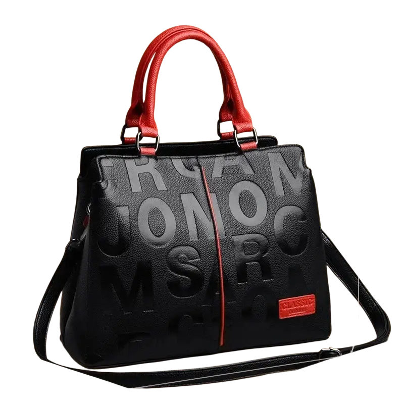 Black crossbody handbag style1 style2 in pu leather with red handles and shoulder strap featuring embossed gray lettering