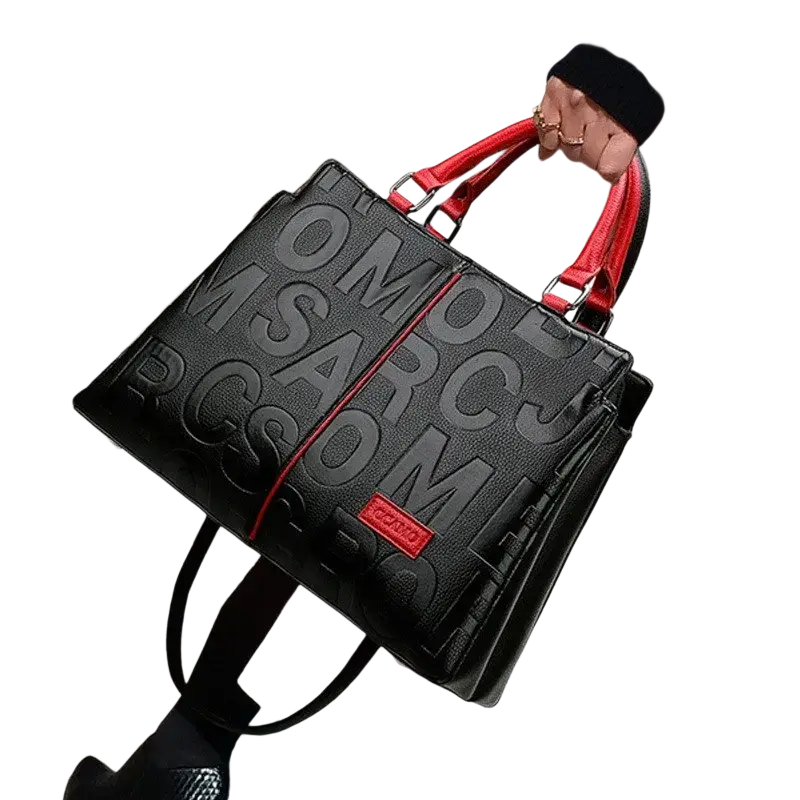 Black crossbody handbag style1 style2 in pu leather with black body red handles and marc jacobs embossed logo