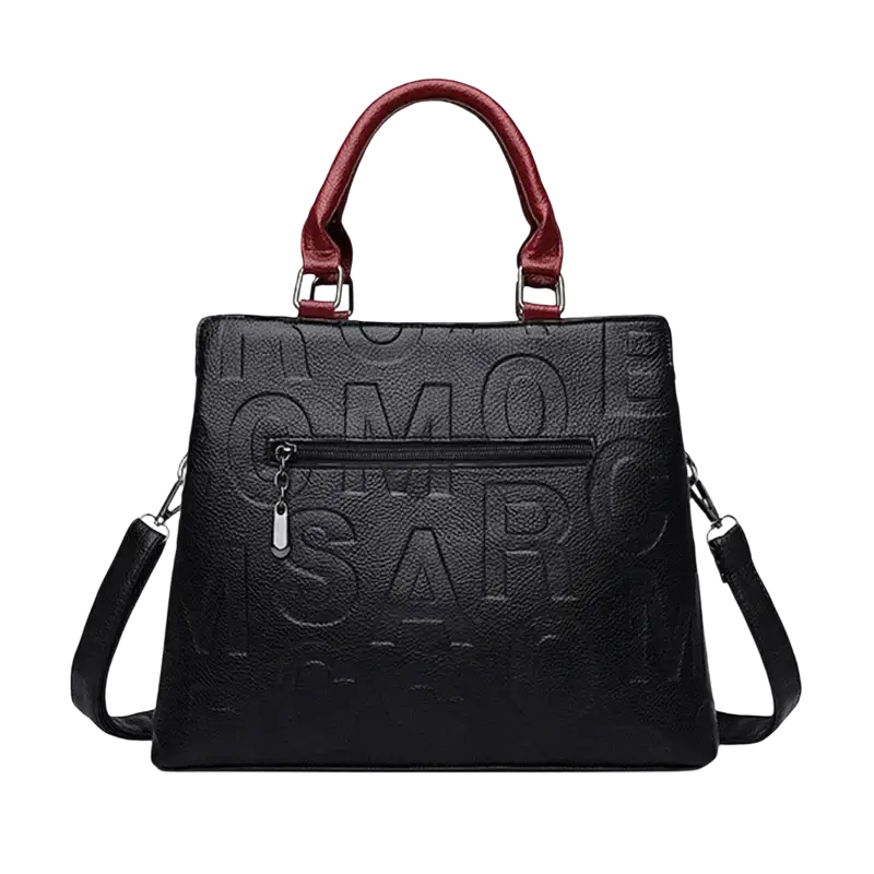 Black crossbody handbag style1 style2 in black pu leather with embossed lettering and contrasting red handles