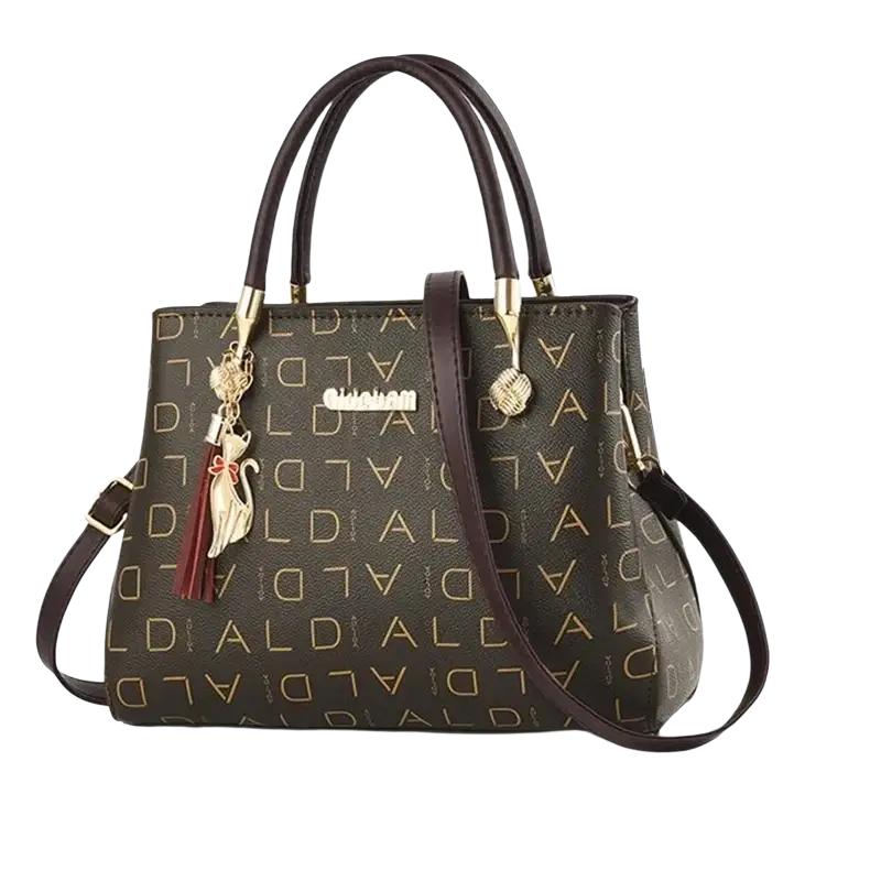 Dark brown style1 style2 handbag in pu leather with gold lettering detachable strap and top handles satchel style1 style2