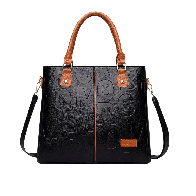 Black crossbody handbag style1 style2 in pu leather with embossed lettering tan leather handles and shoulder strap accents