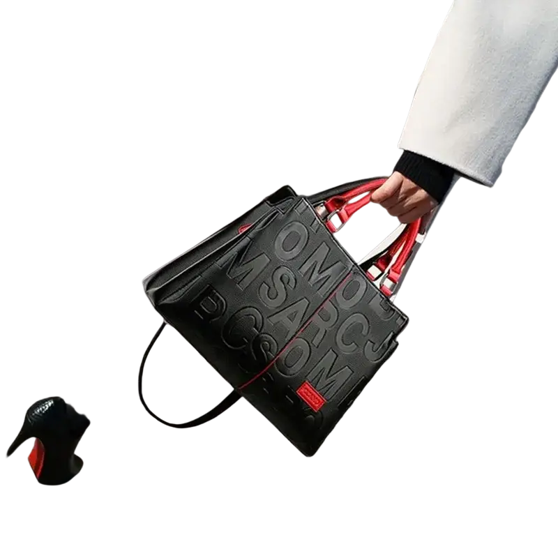Black crossbody handbag pu leather satchel style1 style2 with bold red lettering and matching red handles