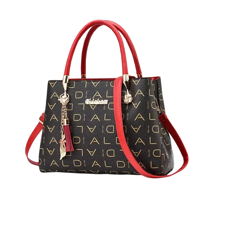 Black crossbody handbag style1 style2 in pu leather with red handles and gold ald monogram pattern style2 style1 style2