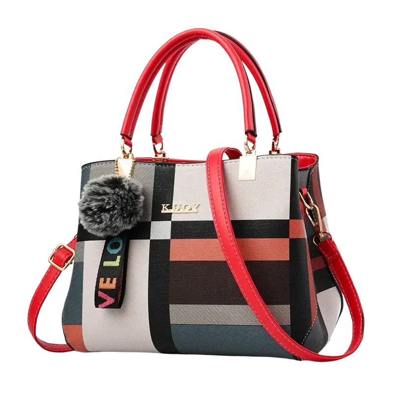 Black crossbody handbag in style1 style2 featuring red and multicolored plaid pu leather with a fuzzy pom-pom charm