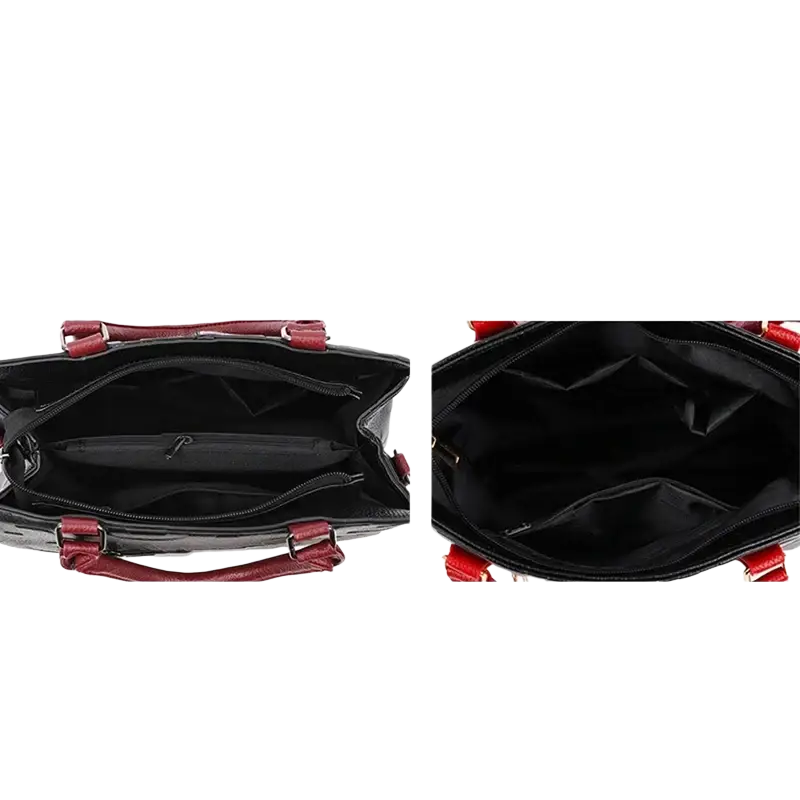 Black crossbody handbag in pu leather with glossy finish and red handles featuring style1 style2 designs