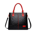 Black crossbody handbag pu leather satchel style1 style2 with red leather handles and embossed lettering on surface