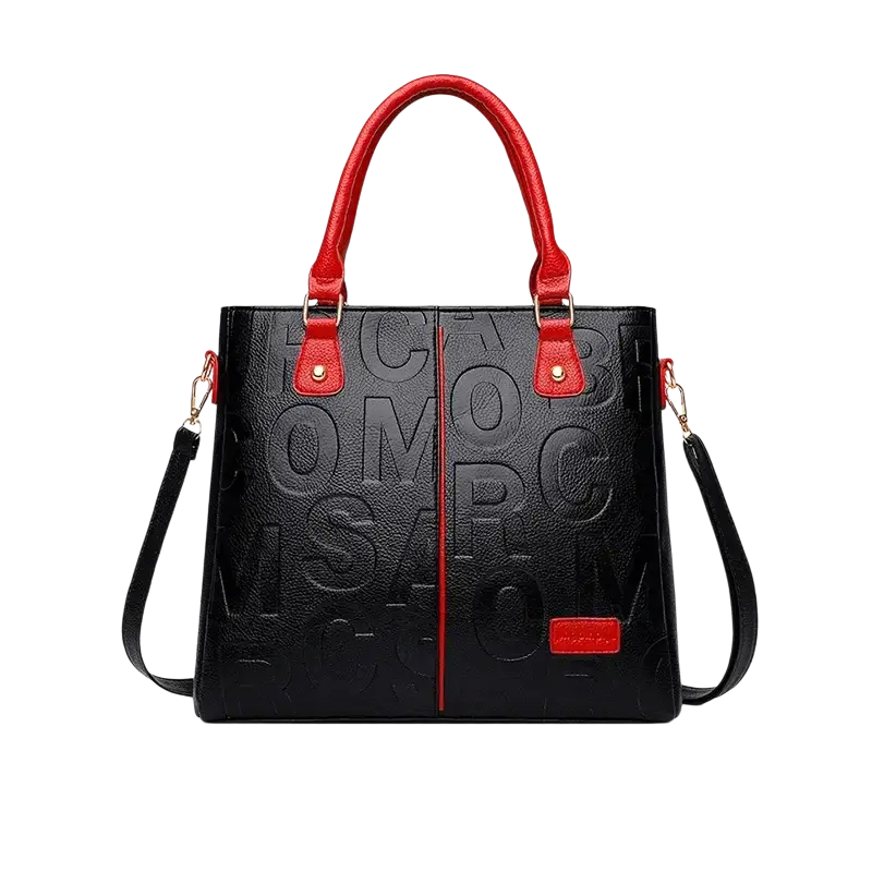 Black crossbody handbag pu leather satchel style1 style2 with red leather handles and embossed lettering on surface