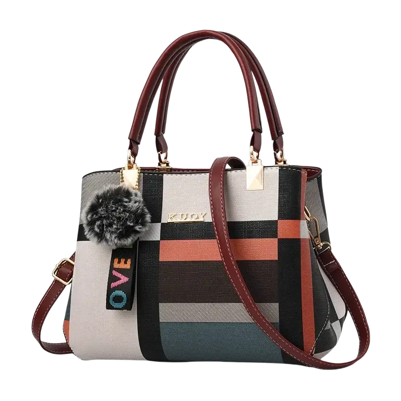 A stylish black crossbody handbag style1 style2 with bold geometric pattern burgundy pu leather handles and strap