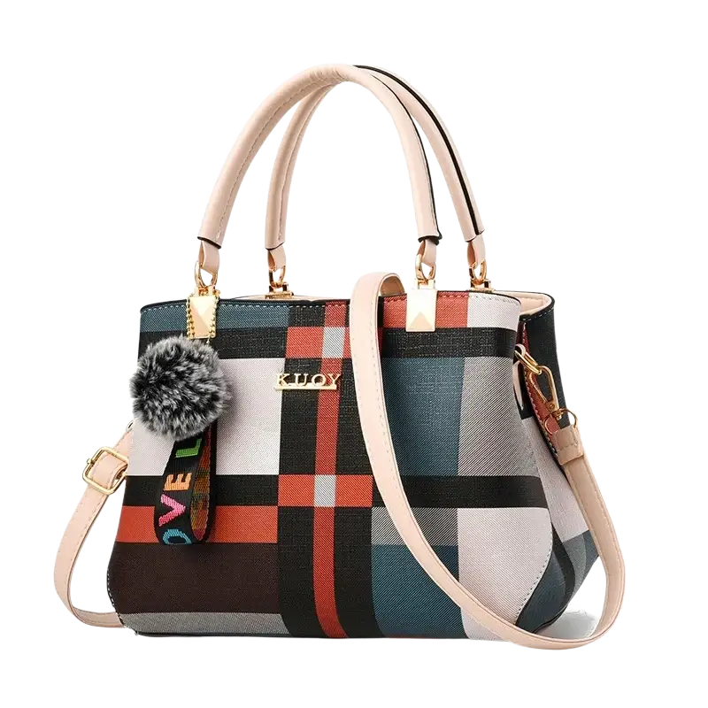 A stylish plaid black crossbody handbag in pu leather with beige handles and detachable strap style1 style2