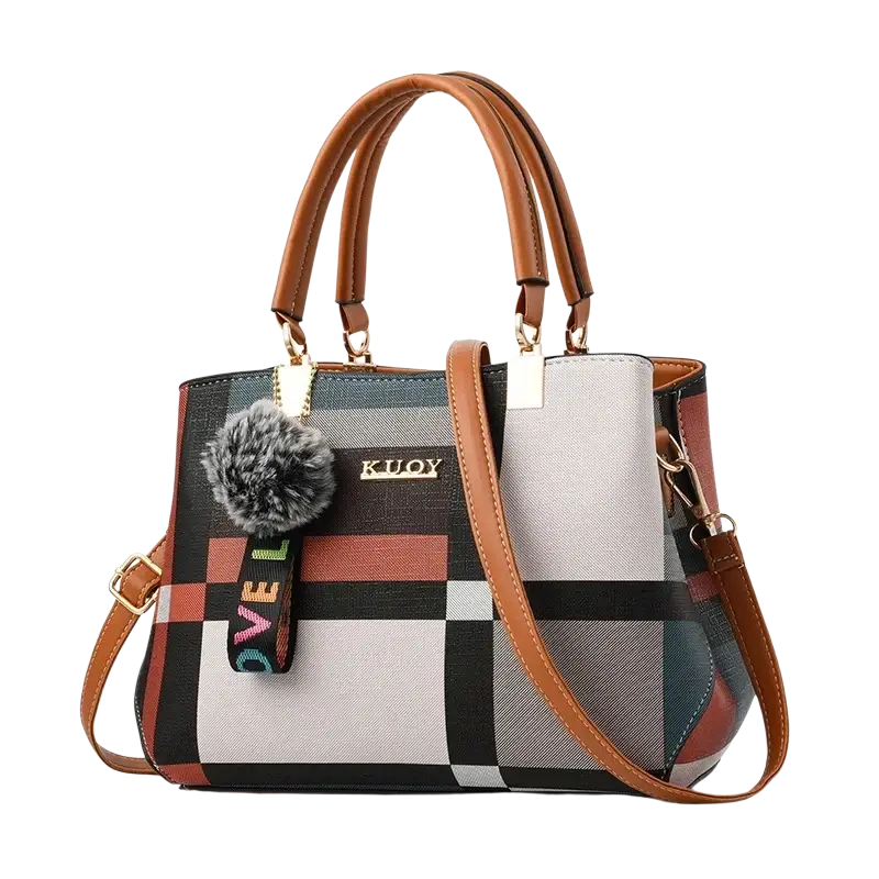 A stylish black crossbody handbag in pu leather style1 style2 with brown handles and gray faux fur pom-pom charm