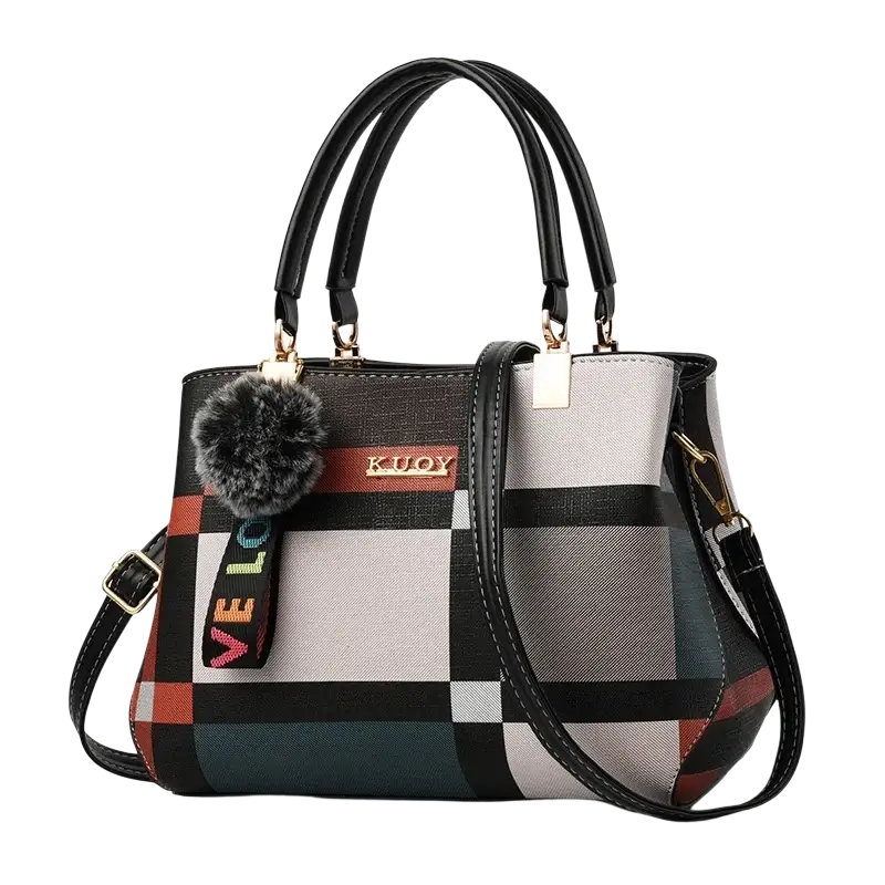 Black crossbody handbag style1 style2 in pu leather with black white red teal plaid and fuzzy pom-pom charm
